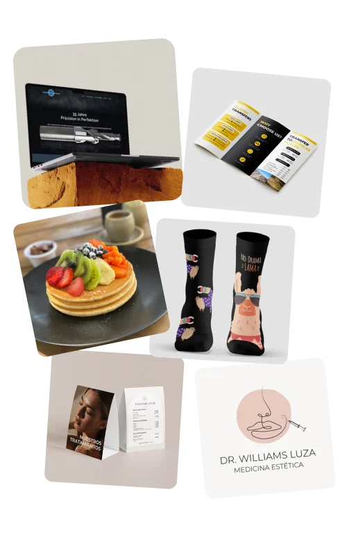 Referenzen Werbeagentur Lemon & Salt - Website für einen Werkzeughersteller, Flyer, Fotos für Social Media, ein Logo, Socken mit Lamamotiv und Tischaufsteller